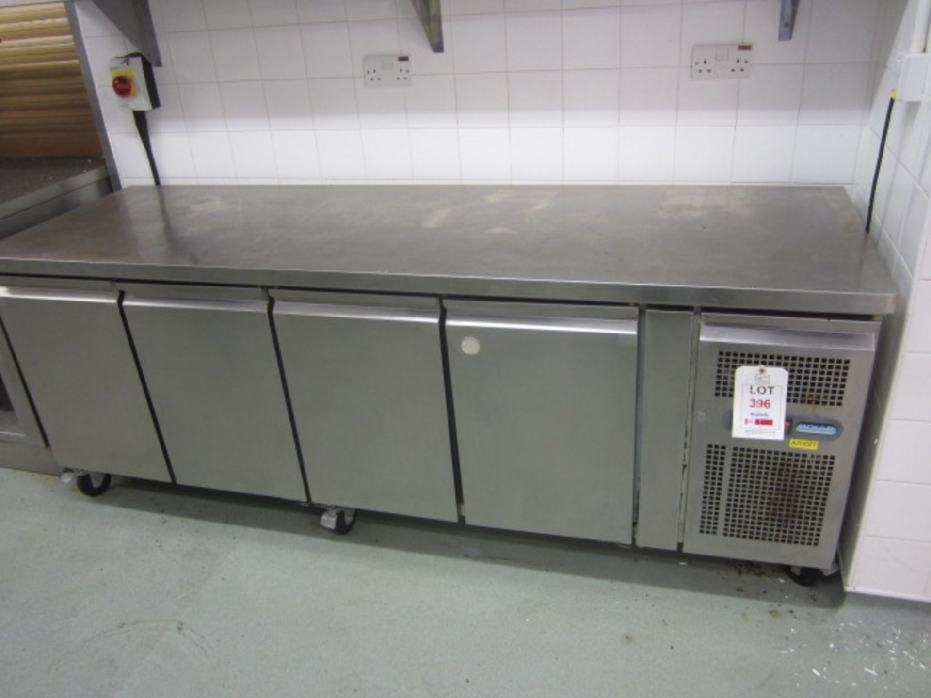 Polar stainless steel 4 door refrigerator with preparation worktop, 2230mm x 700mm x H850mm
