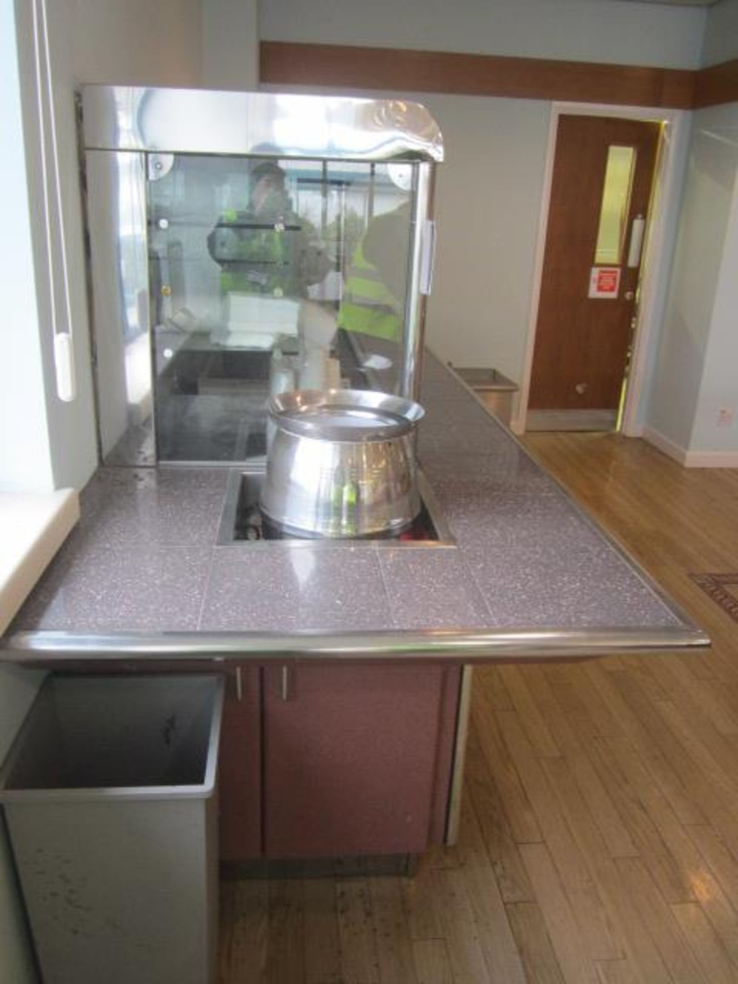 Tiled top serving counter with glass shelf chiller display, under canopy lighting, soup warmer, - Image 9 of 10