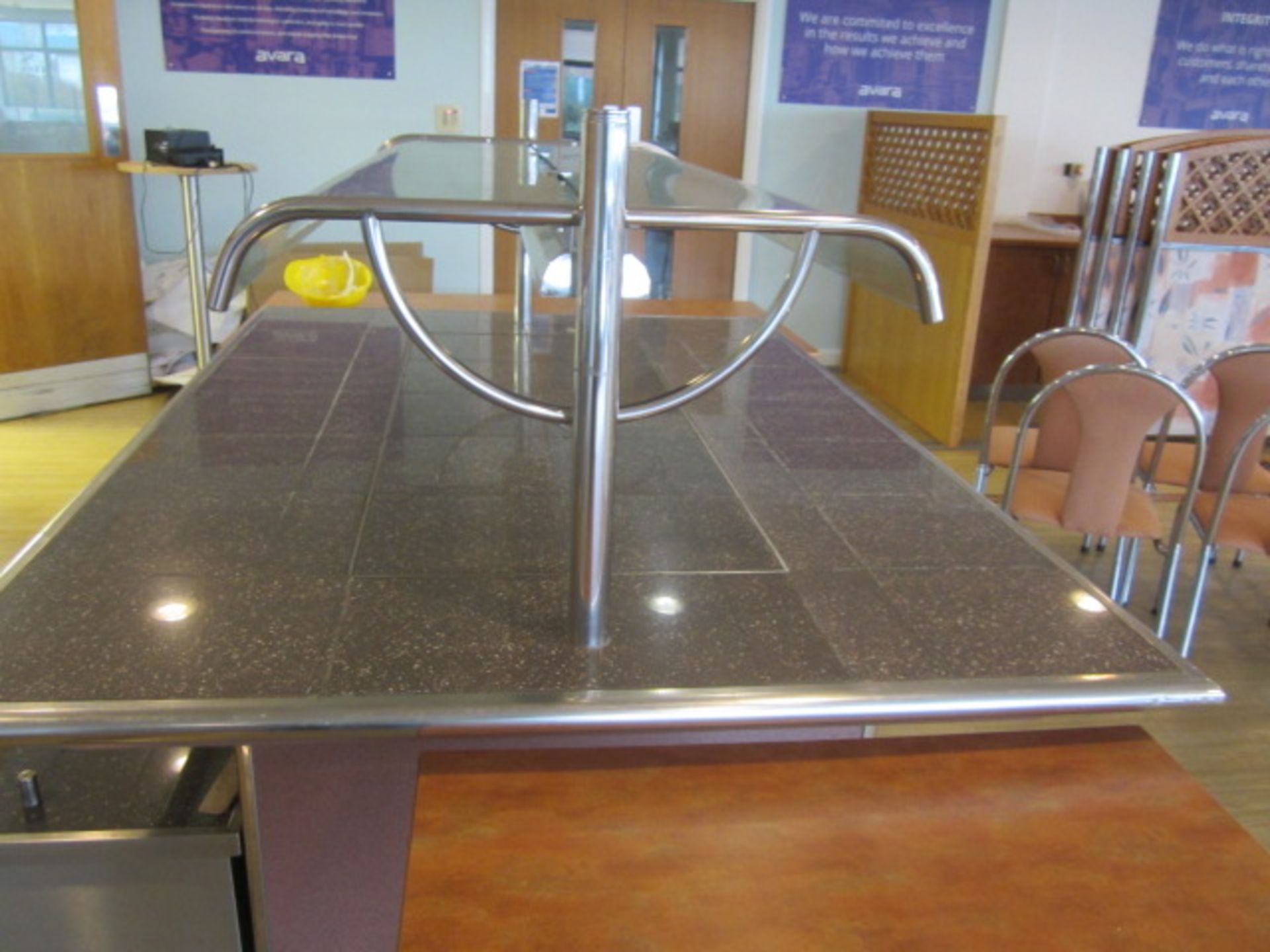 Tiled top serving counter with warming lamps, under storage cupboards, part glazed, 1550mm x 2.2m - Image 5 of 9