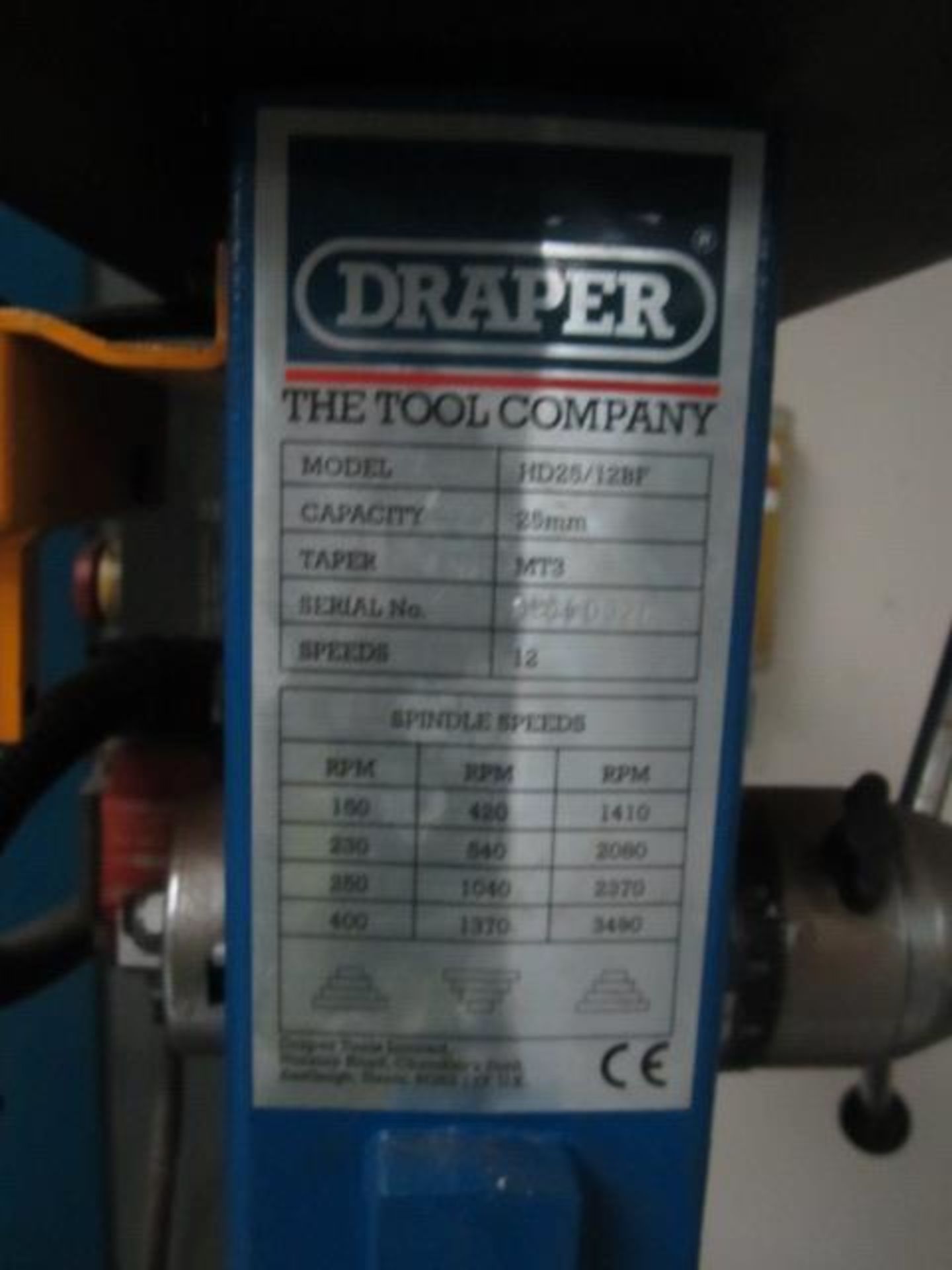 Draper HD25/12BF pillar drill, serial no. 99060020, capacity 25mm, Taper MT3 speeds 12, rpm 150- - - Image 4 of 4