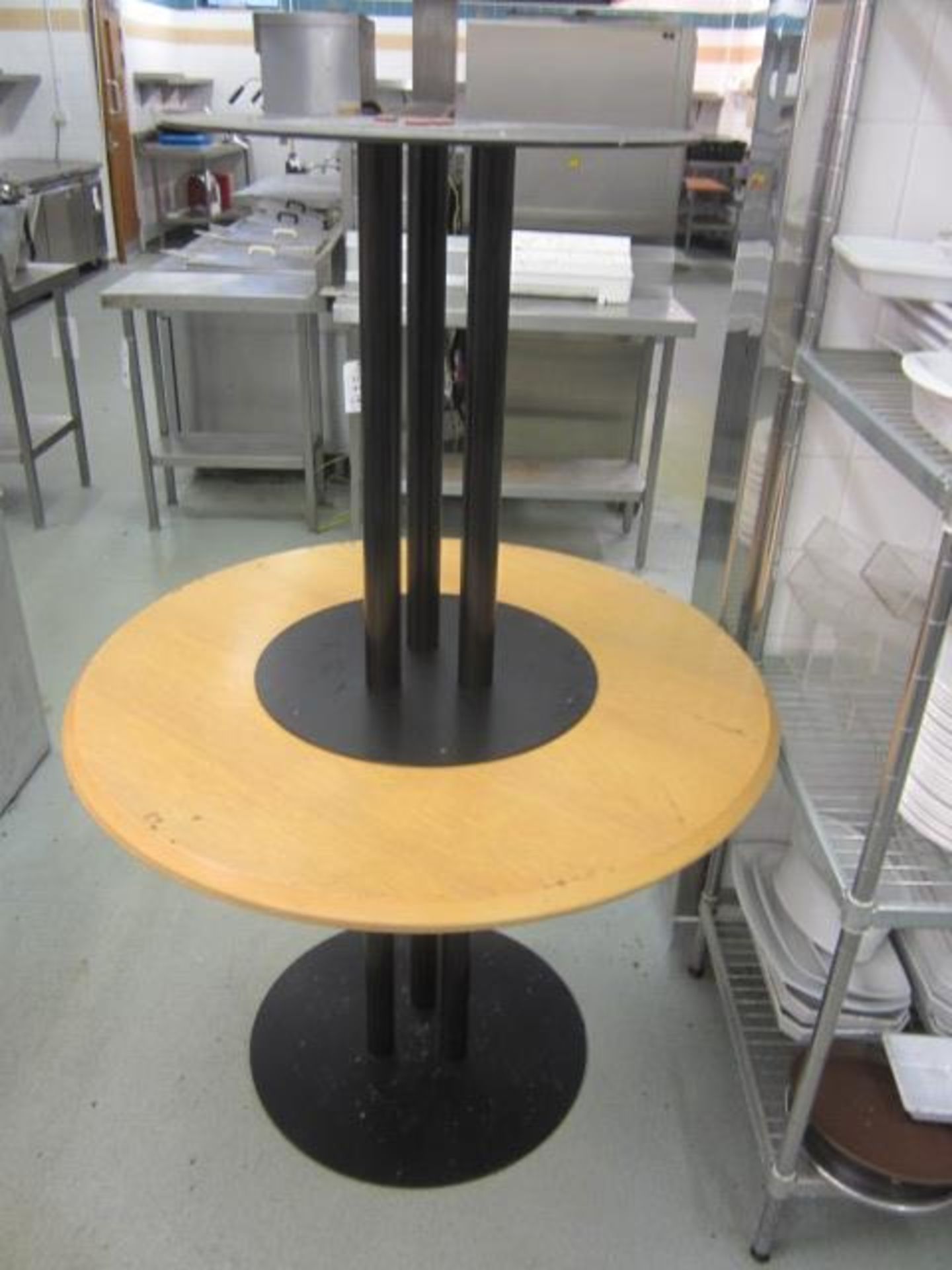 Three wood effect circular canteen tables, 1m dia - Image 3 of 4