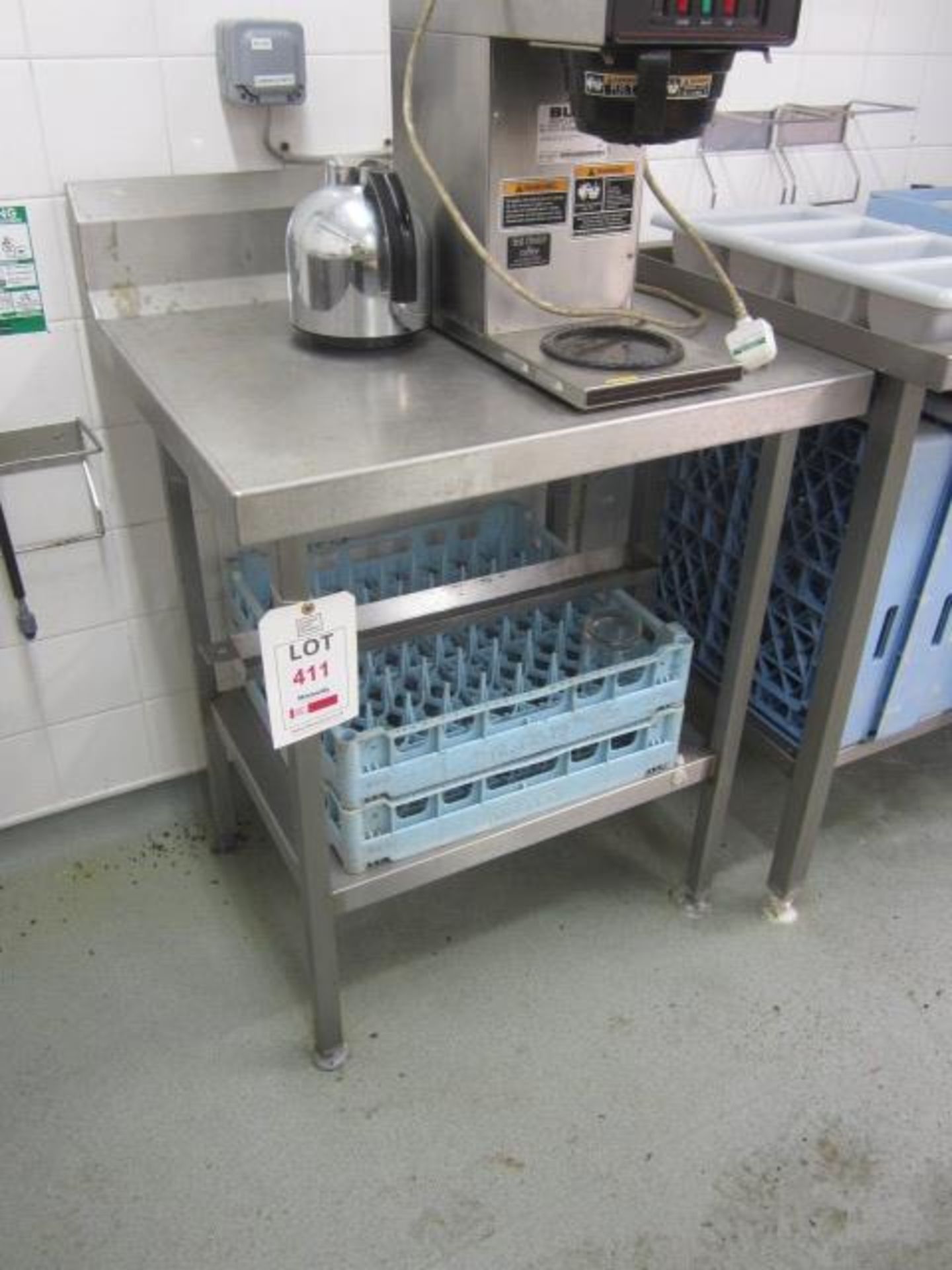 Two stainless steel preparation tables with splash back, undershelf 750mm x 650mm / 880mm x 650mm