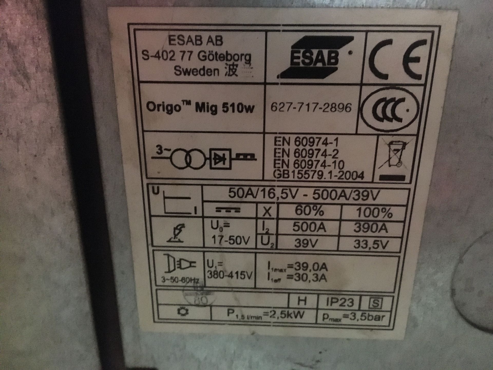 Esab Origo Mig 510w mig/mag welder - Image 4 of 4