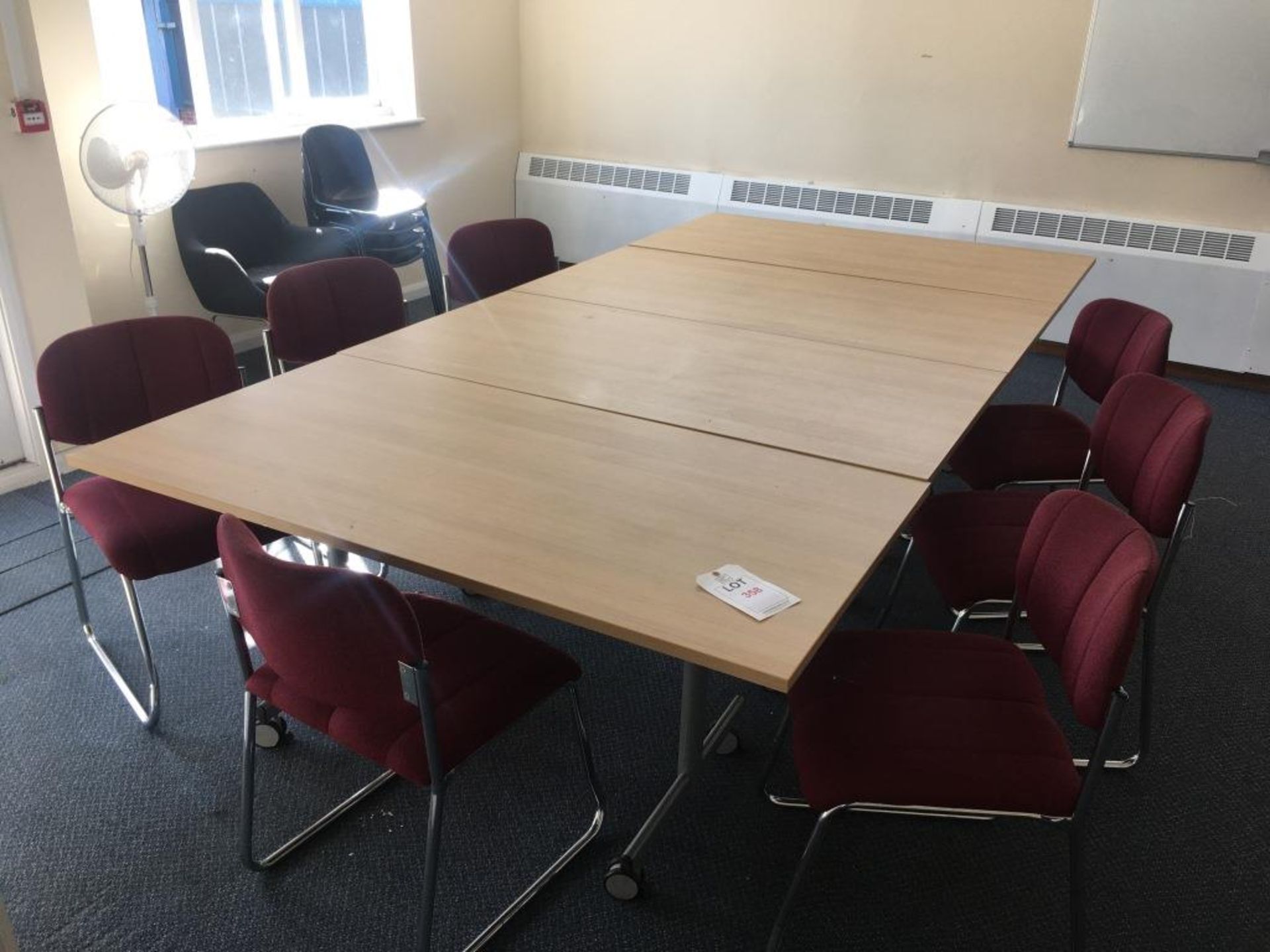 Four light wood veneer tables, twelve chairs and a floor standing fan - Image 2 of 3