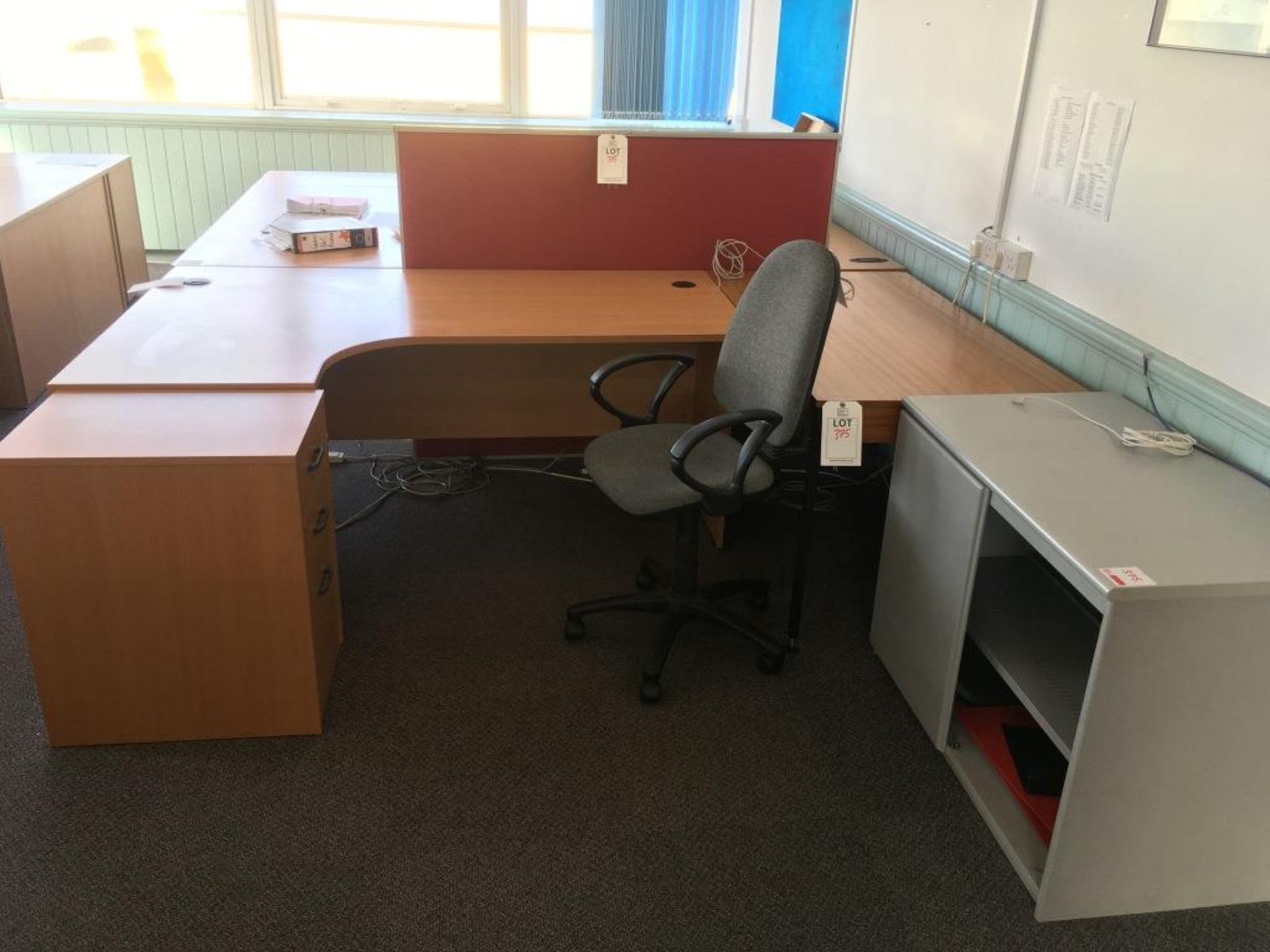 Three L shaped desks, 2x tables, 3x pedestals, a cabinet (missing door) , three chairs and an - Image 4 of 5