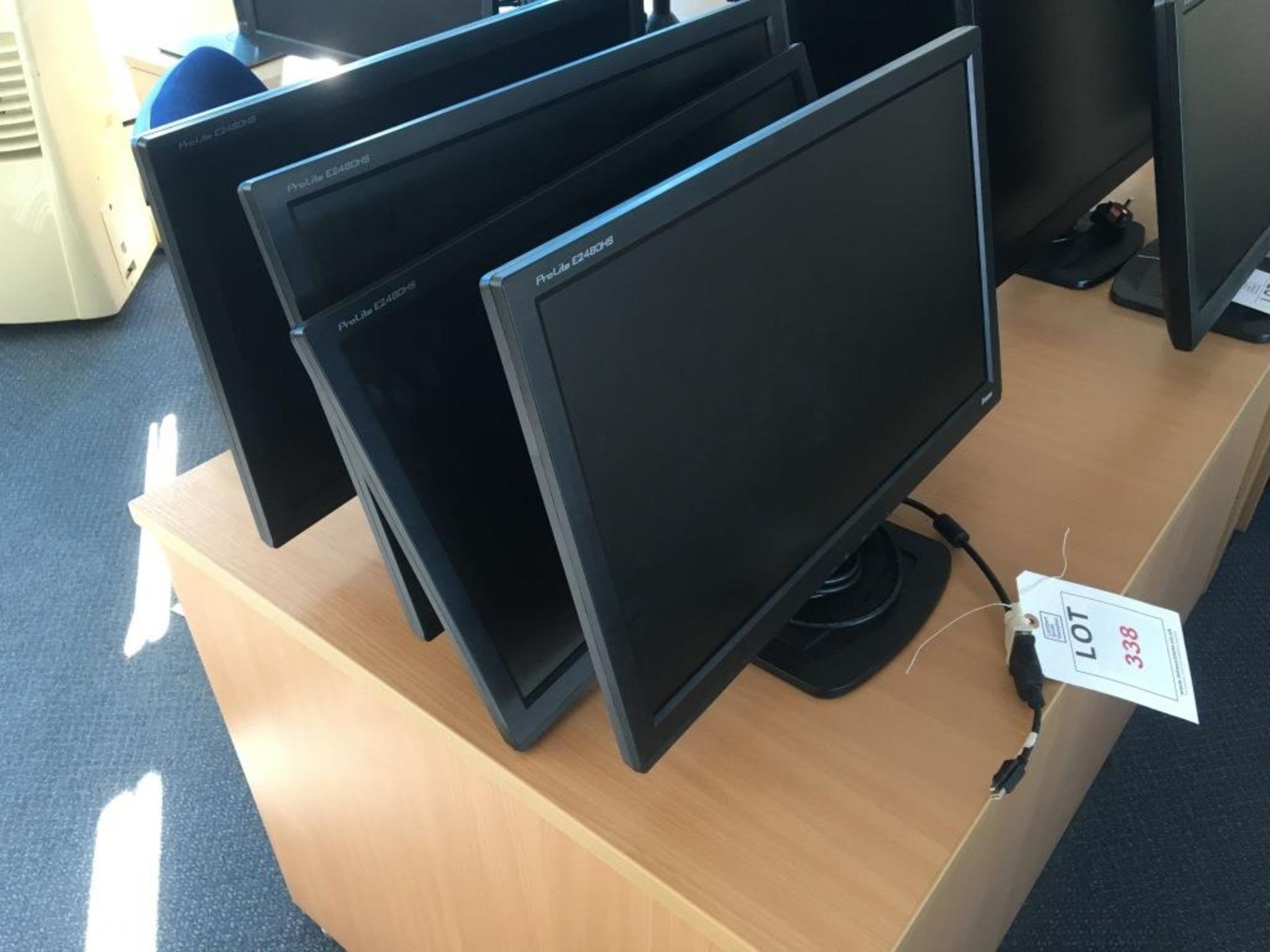 Four iiyana Prolite E2480HS computer monitors (one without stand)