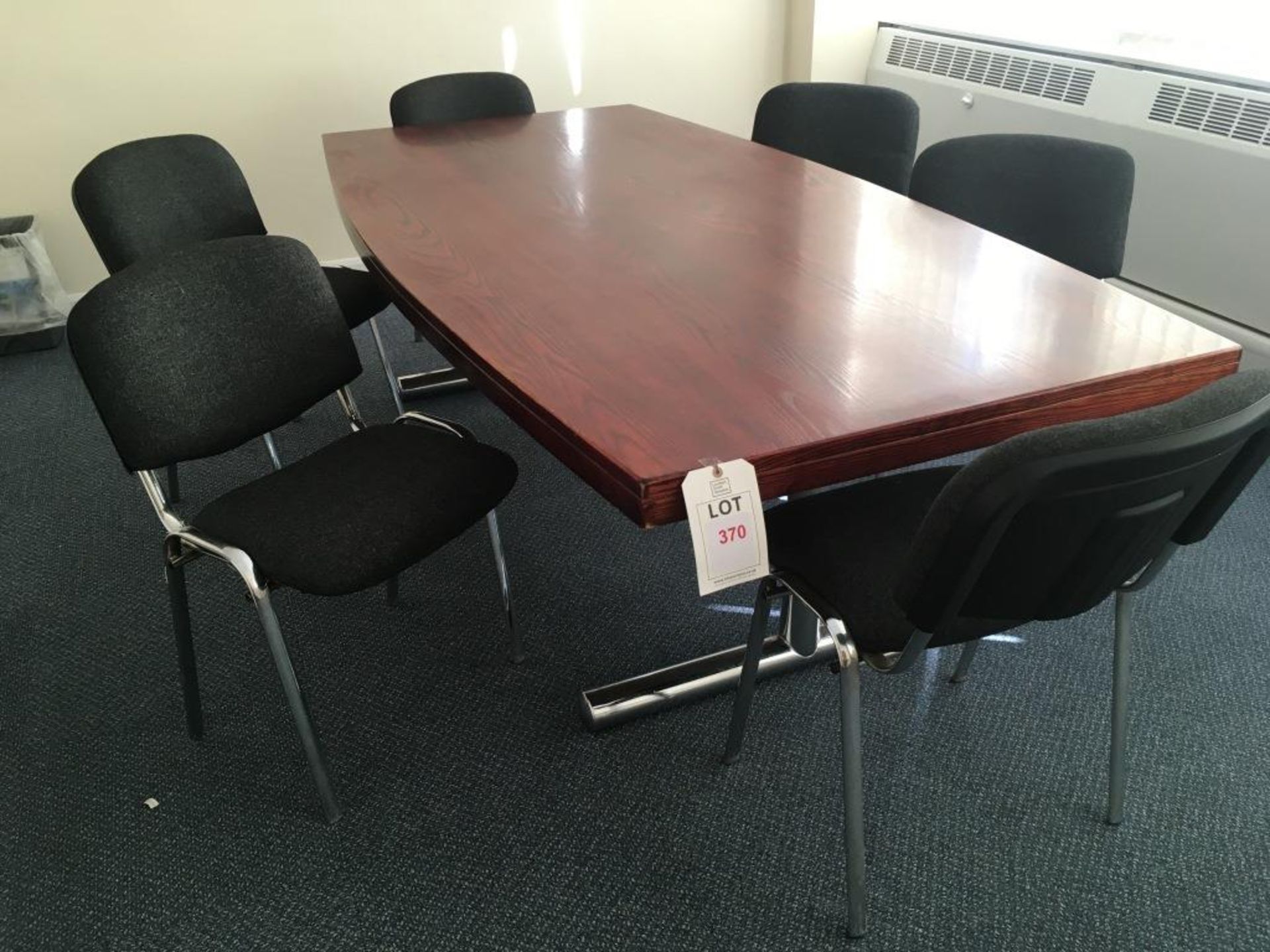 Dark wood veneer conference table (approx. 2.4x1.2m), 6x chairs and a table