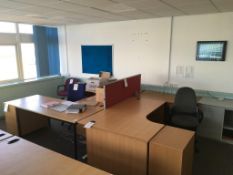 Three L shaped desks, 2x tables, 3x pedestals, a cabinet (missing door) , three chairs and an