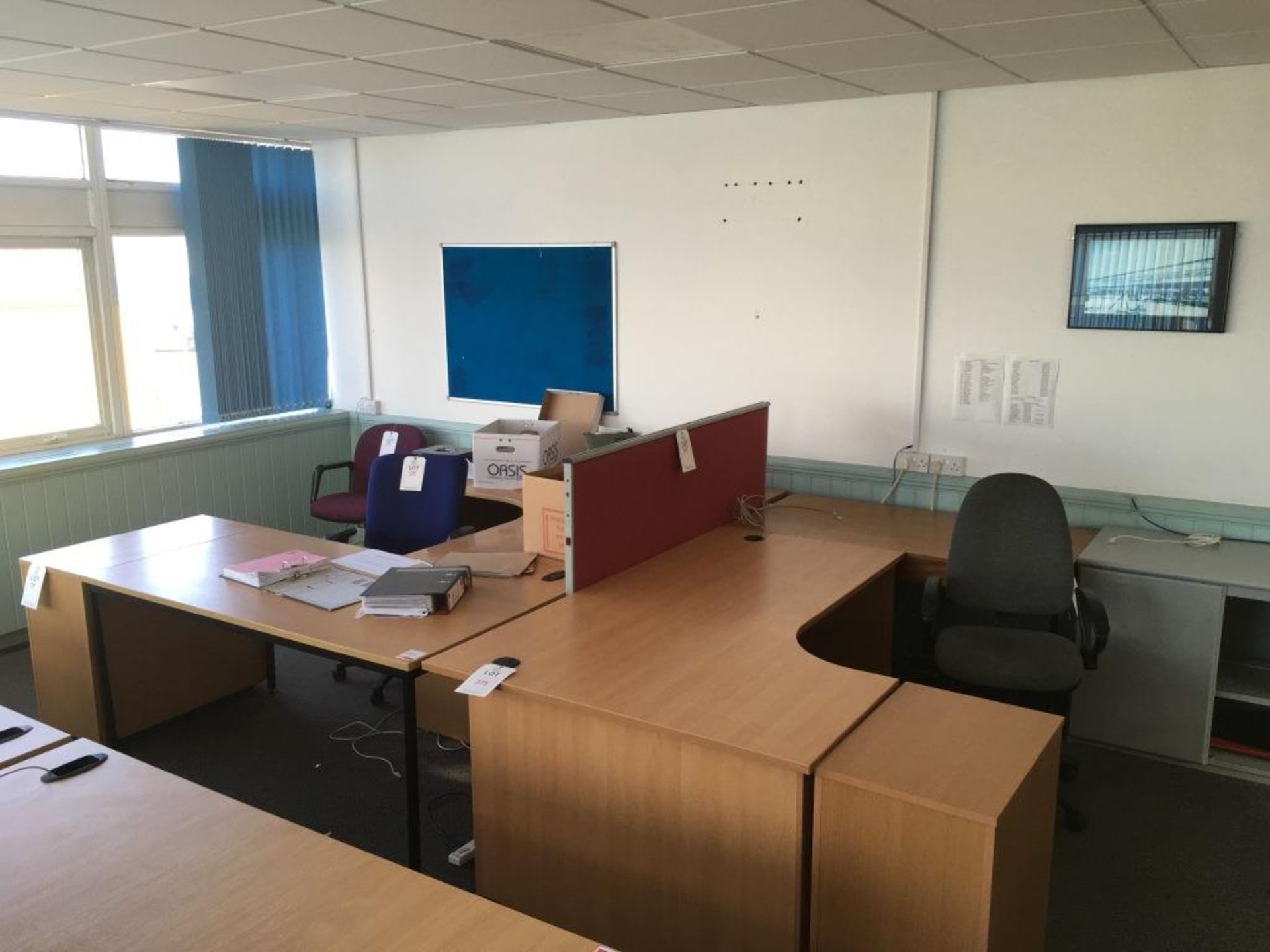 Three L shaped desks, 2x tables, 3x pedestals, a cabinet (missing door) , three chairs and an