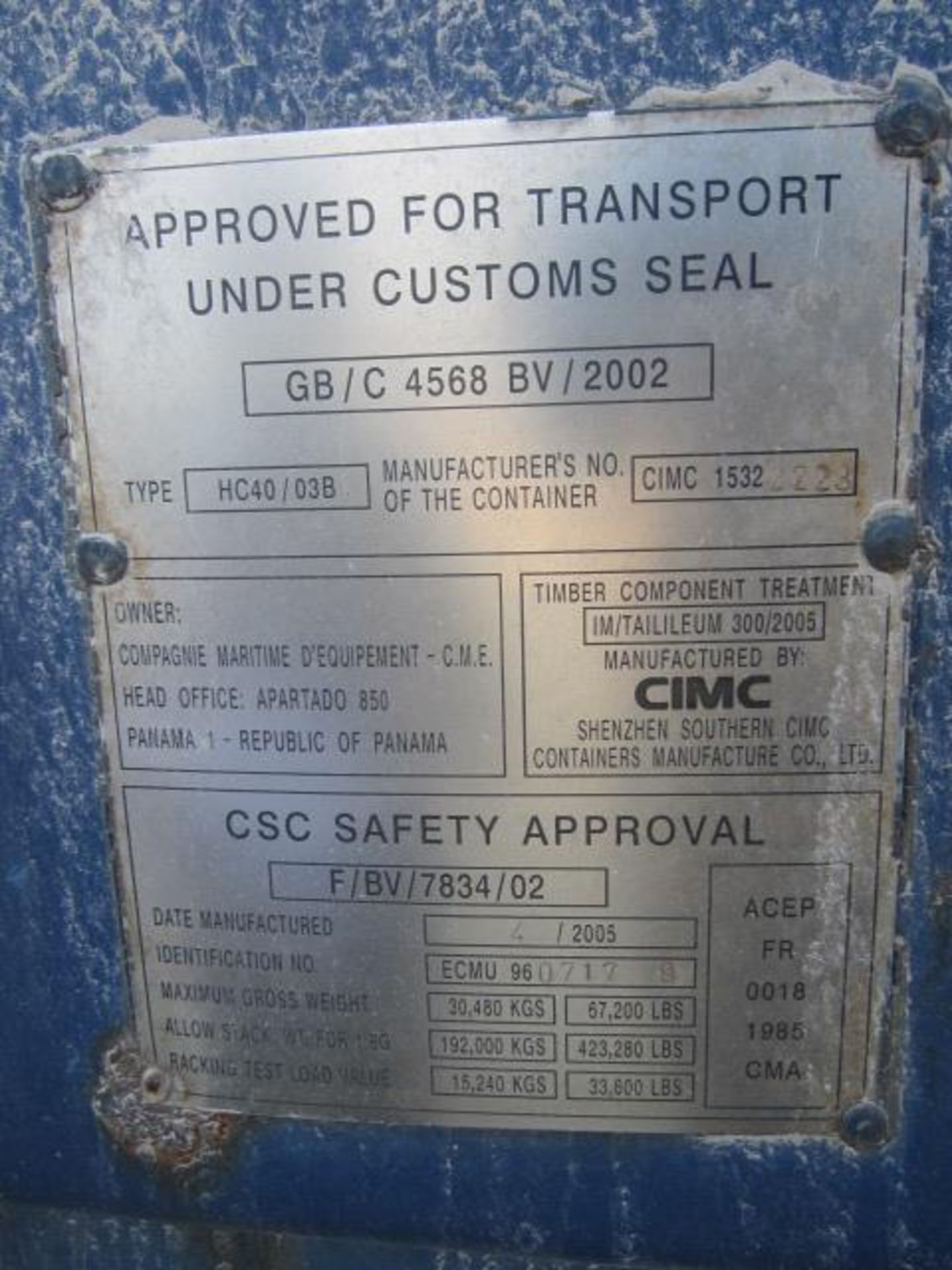 40ft export storage container, serial no. CIMC1532 2223 (2005) - Electrical disconnection required. - Image 3 of 4