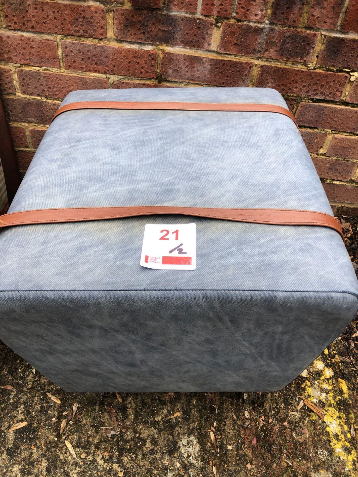 Three blue leatherette pouffes height - 470mm length 52mm - width 46mm