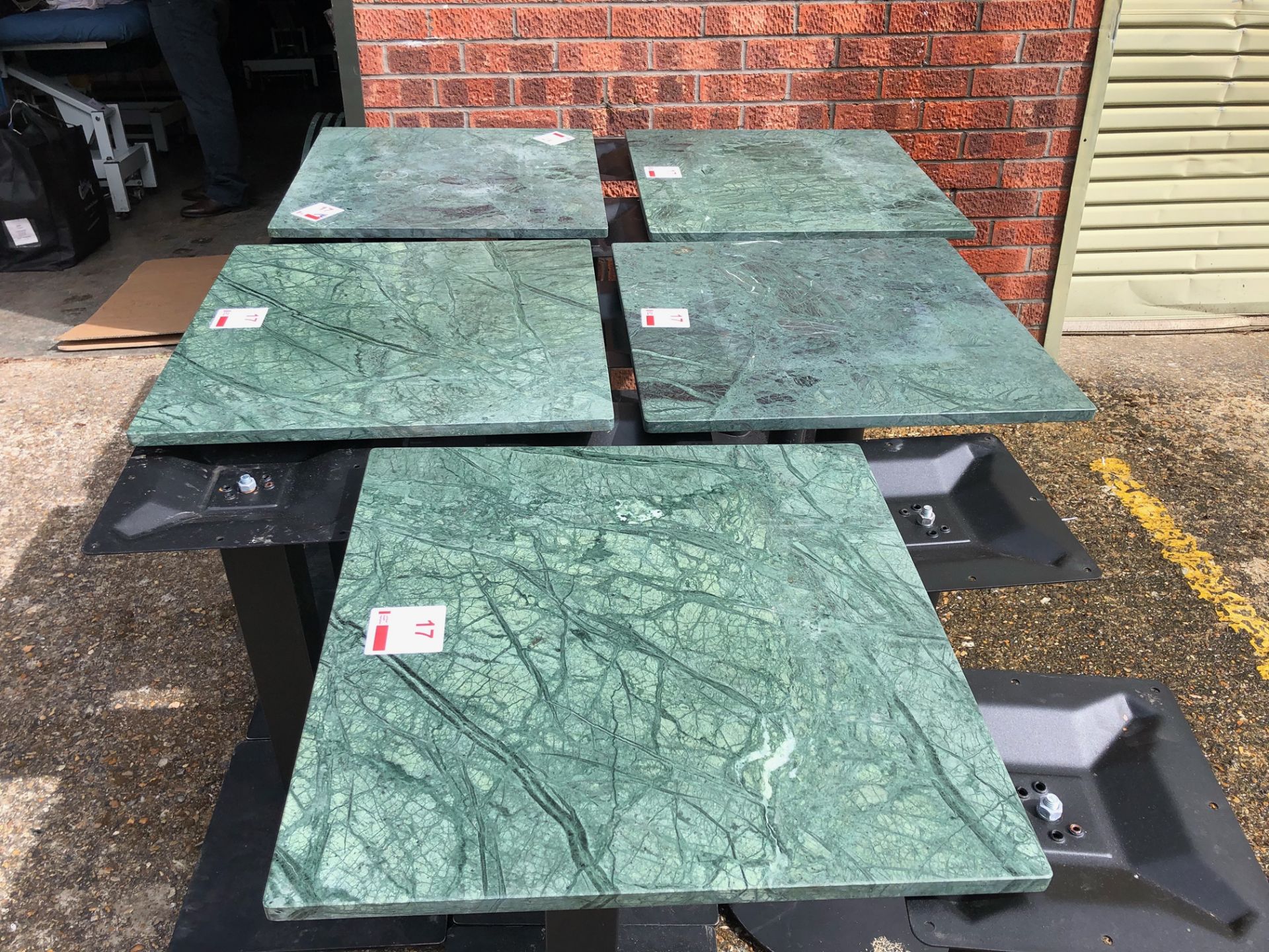 Five 600mm square marble top single pedestal tables - Image 4 of 5