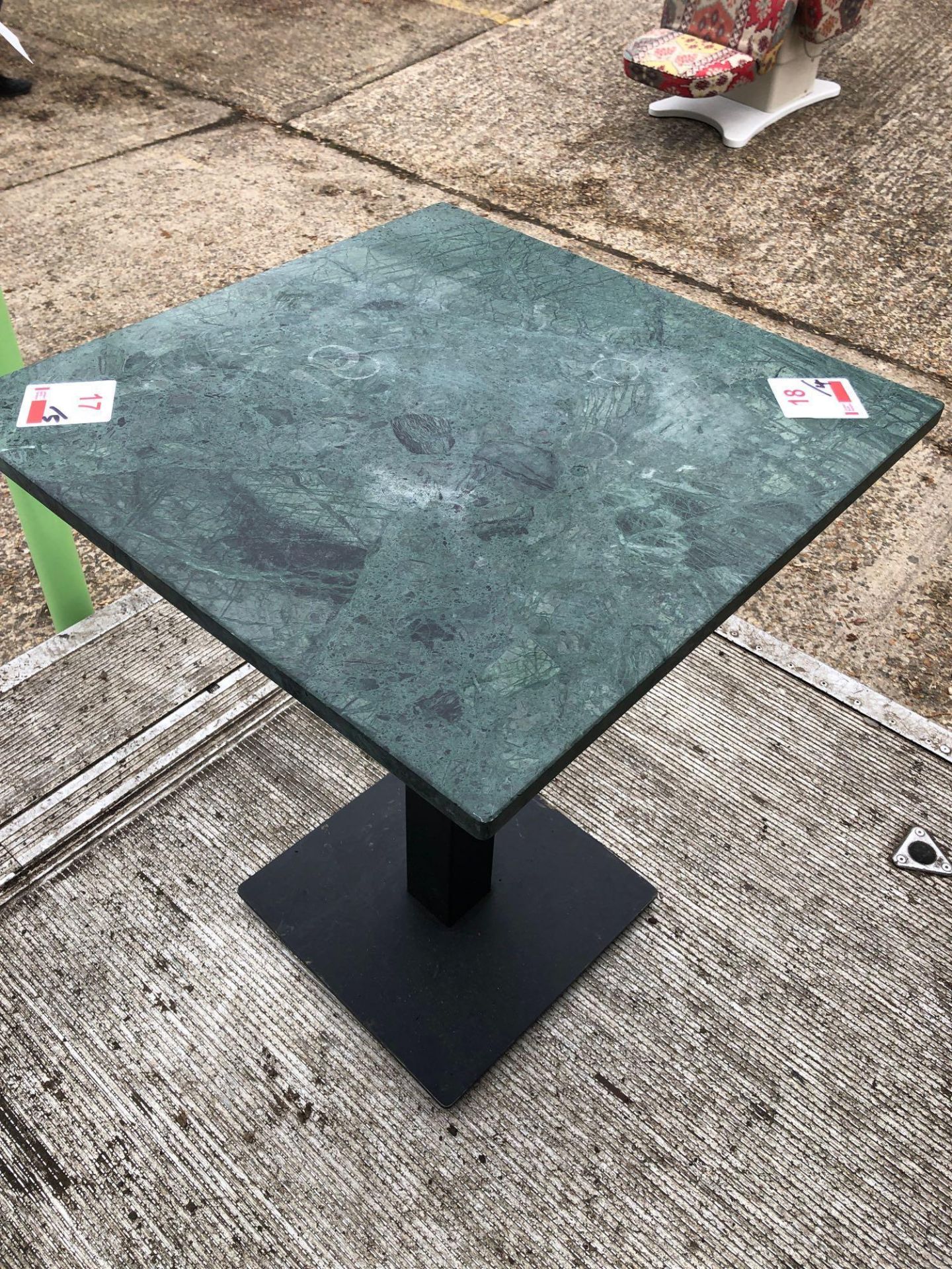 Five 600mm square marble top single pedestal tables