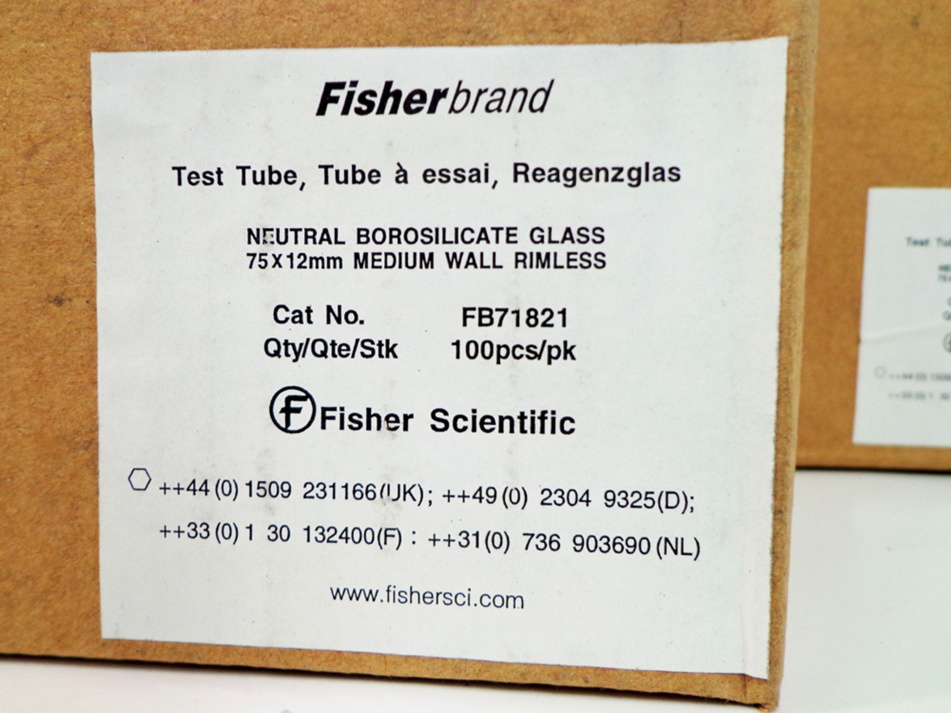 Fisherbrand 75x12mm Neutral Borosilicate Glass, Medium Wall Rimless Test Tube. 2x100pcs. - Image 2 of 3