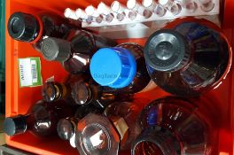 Glass brown bottles & rack of vials
