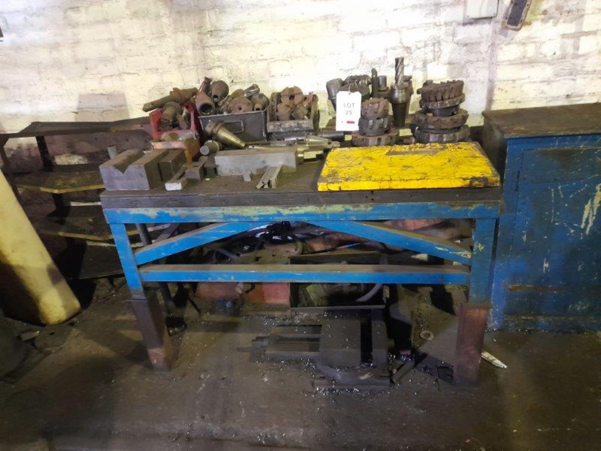 Steel bench with contents of milling cutters, chucks, V blocks machine vice (PLEASE NOTE: the steel