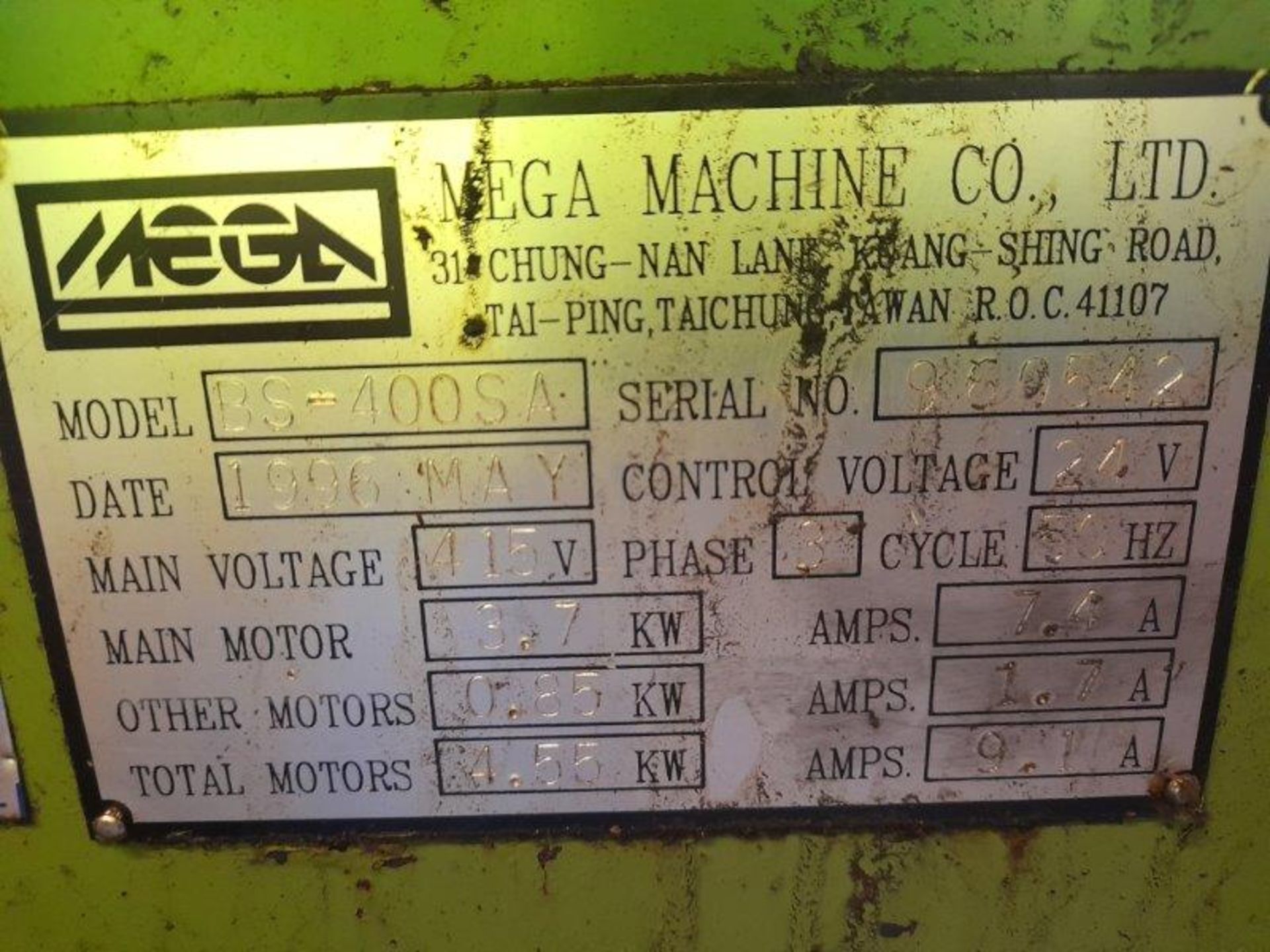 Pro Saw Mega Machine Co. Ltd BS-400SA horizontal metal cutting bandsaw, Serial No: 950542 (1996).( - Image 3 of 3