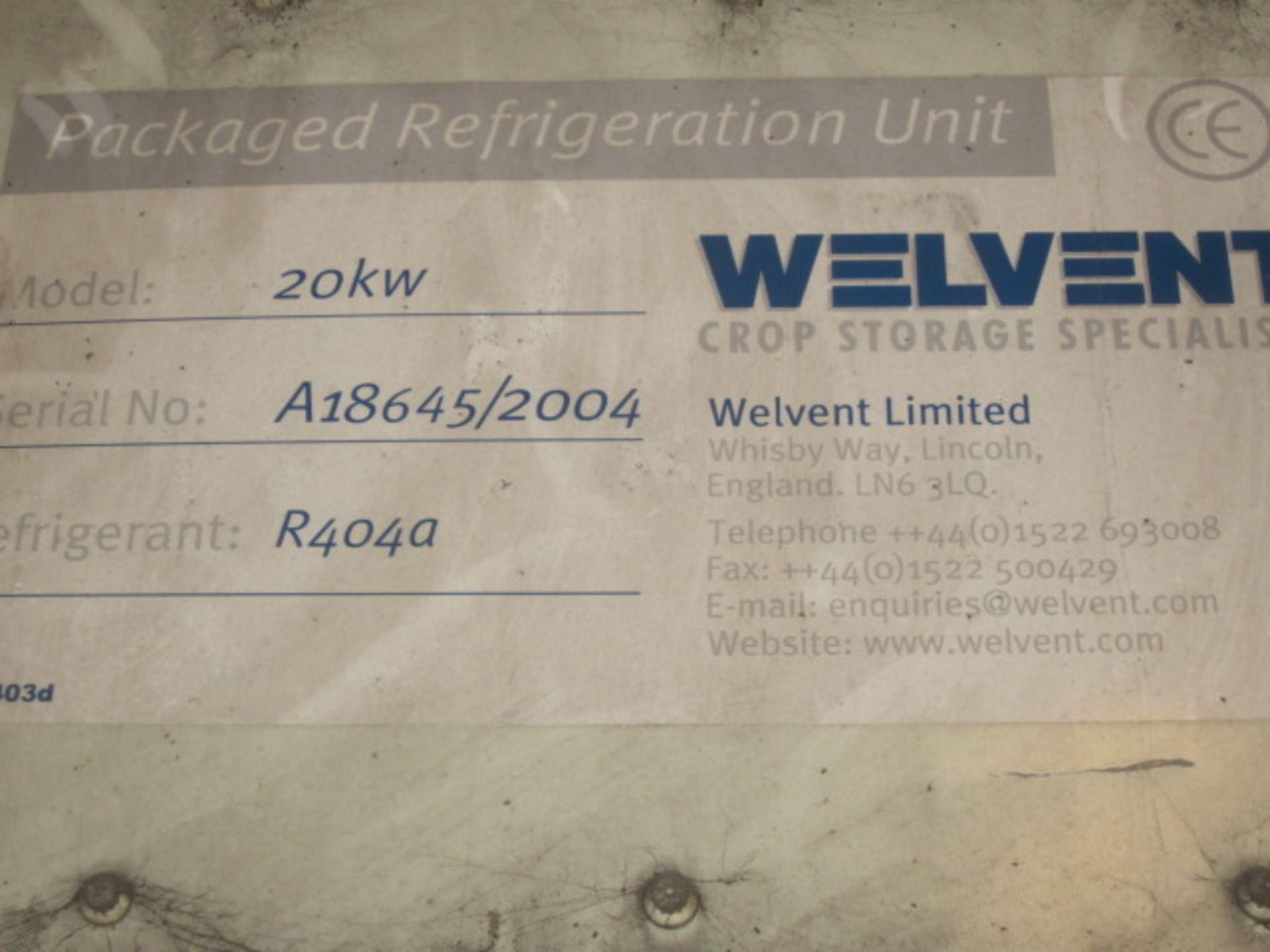 Welvent Model 20KW packaged refrigeration unit, s/n: A18645/2004,Refrigerant type R404a, Welvent - Image 2 of 11