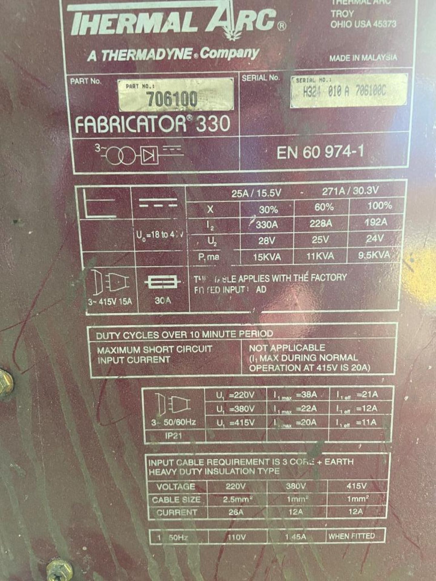 Thermal Arc Fabricator 330 mig welder s/n H324 010 A 706100C - Image 4 of 4