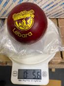 Seventy two Lebara red 5.5oz cricket balls branded with British Tamile cricket league