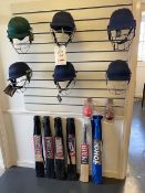Six various Ganador cricket helmets, Six various indoor size 6 bats, Six various Ganador balls (