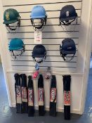 Six various Ganador cricket helmets, Six various indoor size 6 bats, Six various Ganador balls (