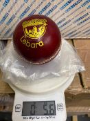 Six Lebara red 5.5oz cricket balls branded with British Tamile cricket league