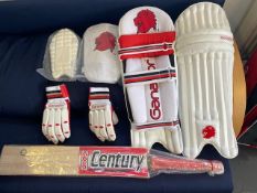 A set of youth cricket pads, arm & thigh pad with gloves bag + century gold size 6 indoor bat