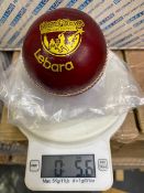Six Lebara red 5.5oz cricket balls branded with British Tamile cricket league