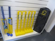Six Ganador yellow/blue plastic cricket sets each comprising 6 Ganador size 5 plastic cricket