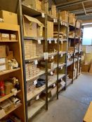 Contents of racking to include wood stock, components and boxed Hafele fittings, screws etc.