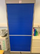 Blue Tambour fronted cabinet with key 200cm H x 90cm W x 50cm D