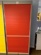 Red Tambour fronted cabinet with key 200cm H x 90cm W x 50cm D