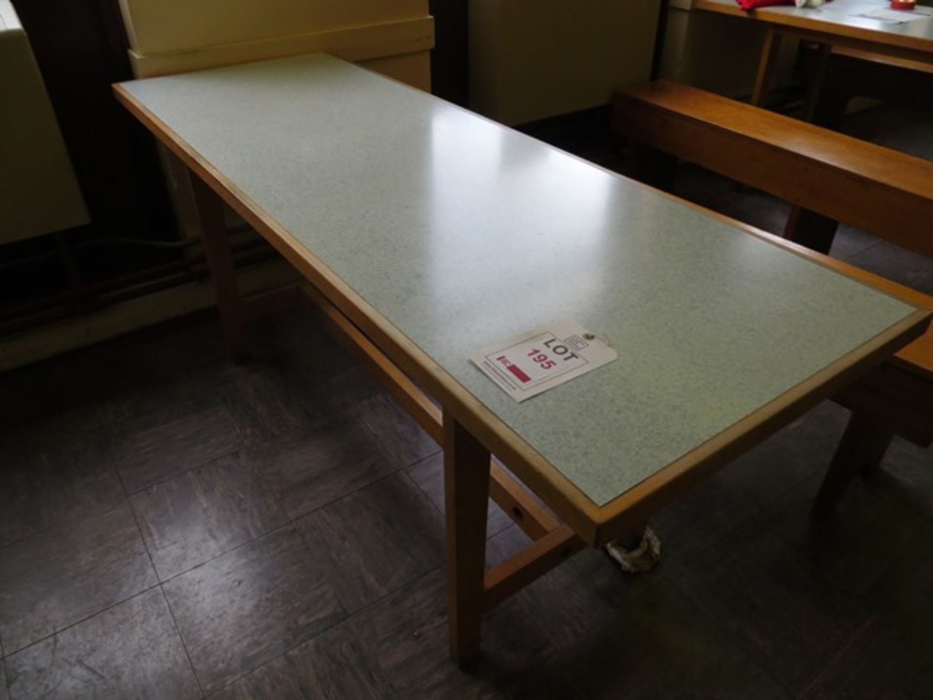 Four canteen tables 6' x 2' & four wooden form benches 6' x 1'