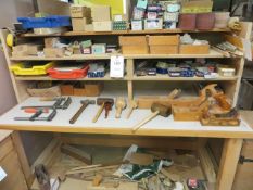 Three workbenches, one with vice 5 drawer chest Tambour fronted bookcase all complete with contents