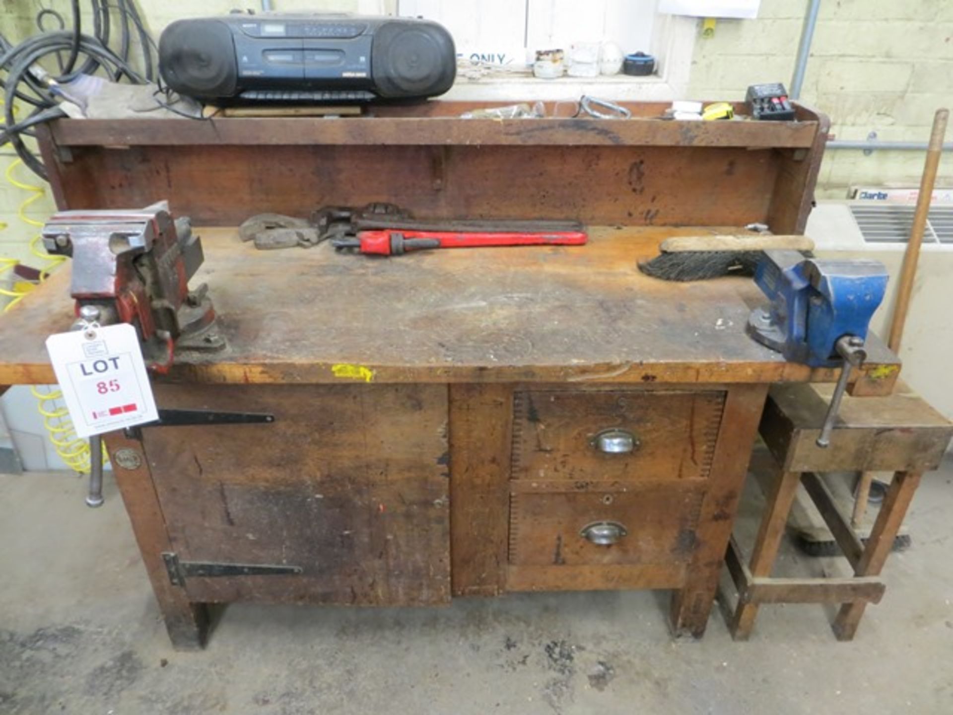 Machinest Bench with two steel vices, filing cabinet & stool