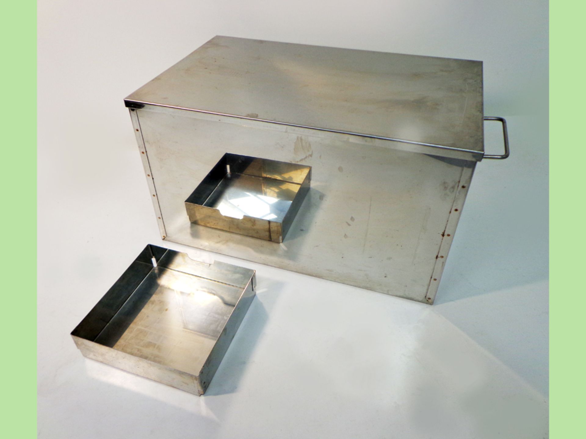 Stainless steel storage box with stainless steel lid and tray, and with polished surface finish. ( - Image 2 of 4