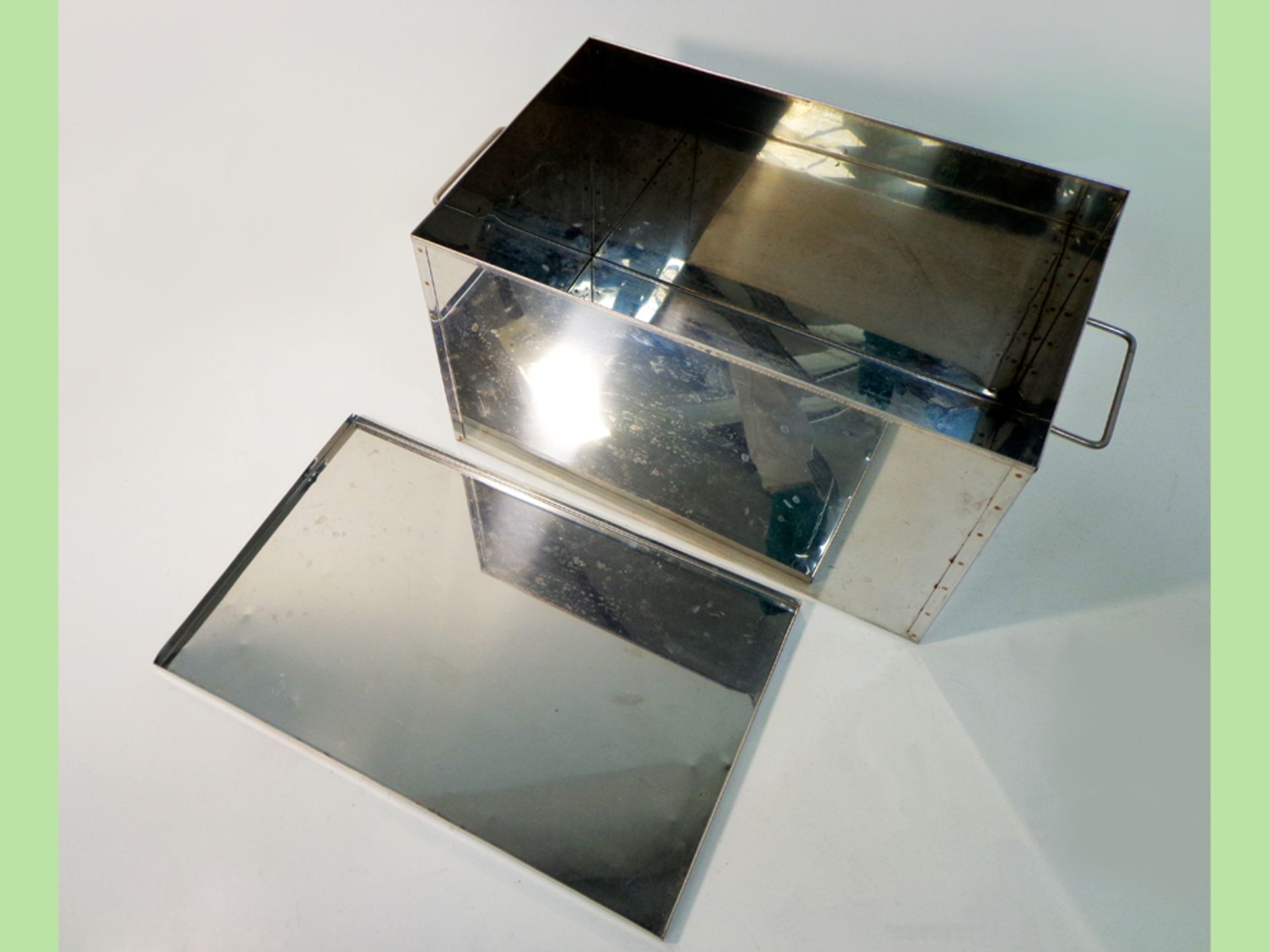 Stainless steel storage box with stainless steel lid and tray, and with polished surface finish. ( - Image 3 of 4