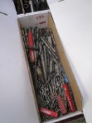 Box and contents to incl. assorted HSS taper shank/straight drill bits, etc. (as lotted) (