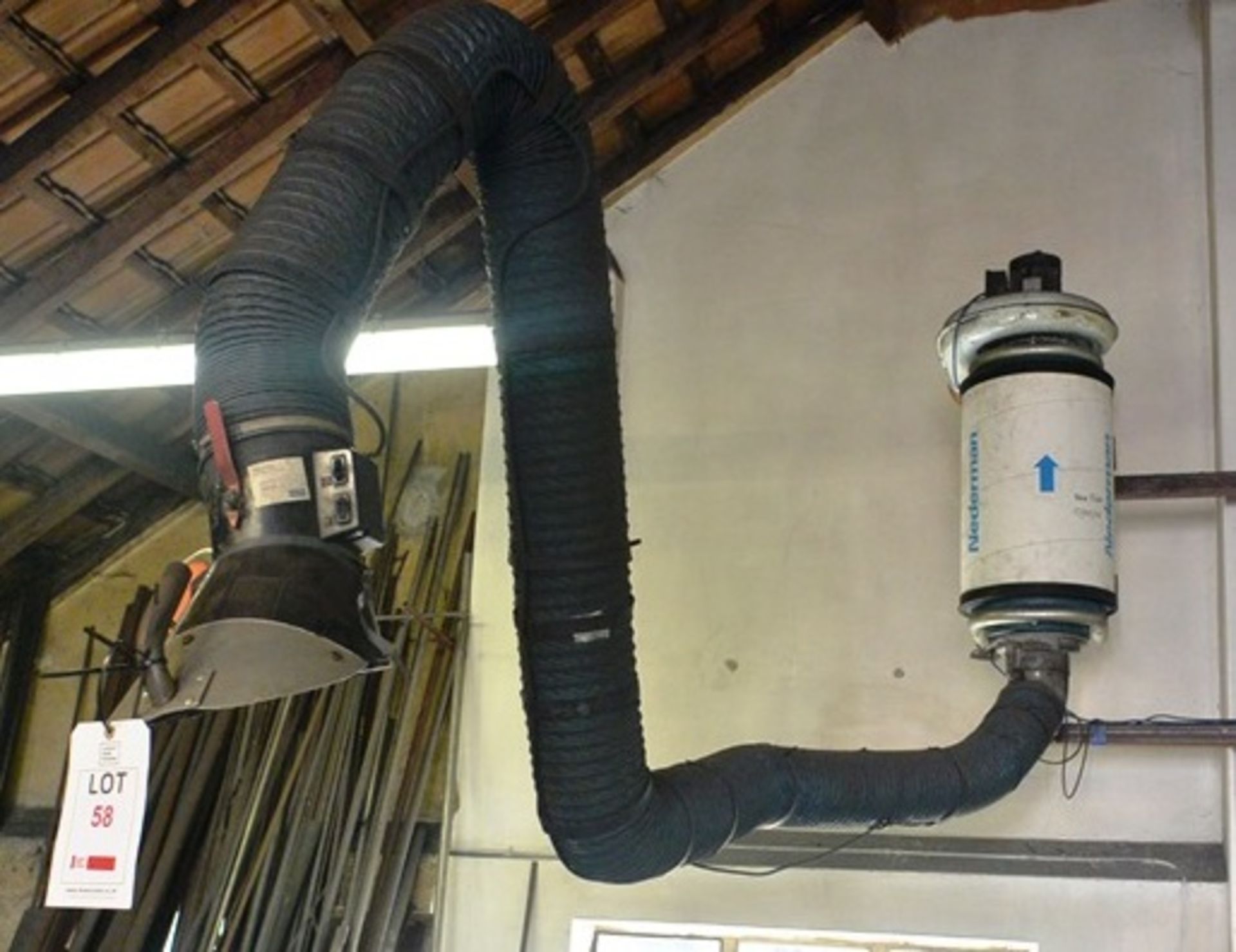 Nederman wall mounted welding fume extractor, with extraction fan, flexible ribbed ducting and