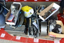 Pallet of assorted engineer's tools, including lathe, chucks, drive plate collet chuck etc. (