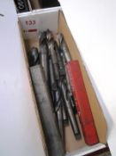 Box and contents to incl. assorted HSS taper shank/straight drill bits, etc. (as lotted) (