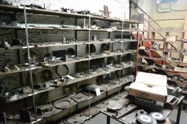 Contents of 2 racks and work bench incl. assorted work fixtures with racks (2) and bench