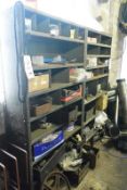 Two bays of bolted stores racking and contents incl. various fixings, spares, etc. (Recommended