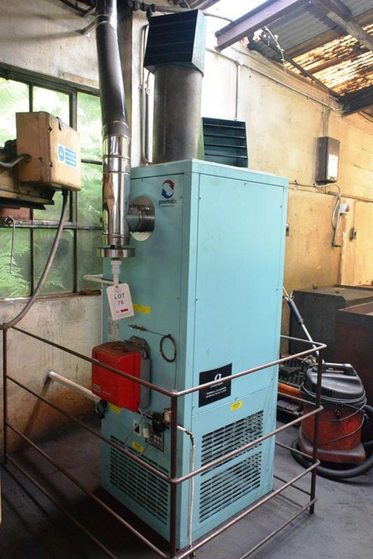 Powermatic oil fired space heater, model CPX045X/ERP, serial no. H4518D407697, max heat output 45kw,