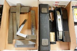 Two boxes and contents to incl. various magnetic levels and set squares (Recommended collection