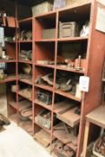 Two bays of stores racking and contents to incl. various castors, fittings, etc. (Recommended