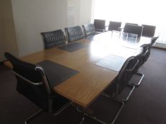 Wood effect boardroom table, two section, approx. overall size 3m x 1.2m, eight leatherette chrome