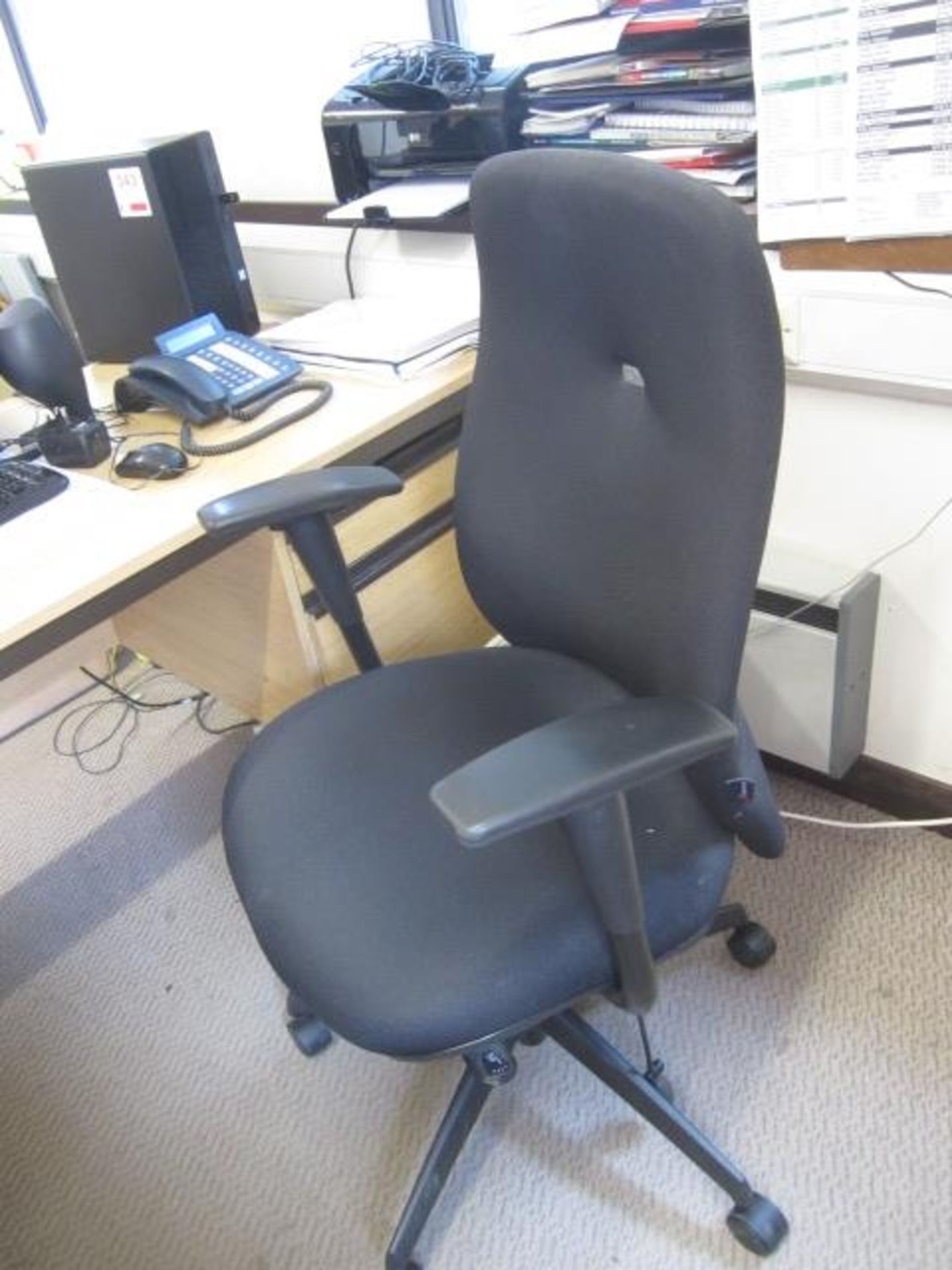 Two wood effect single pedestal desks, steel 2 drawer filing cabinet, upholstered swivel chair, - Image 4 of 6