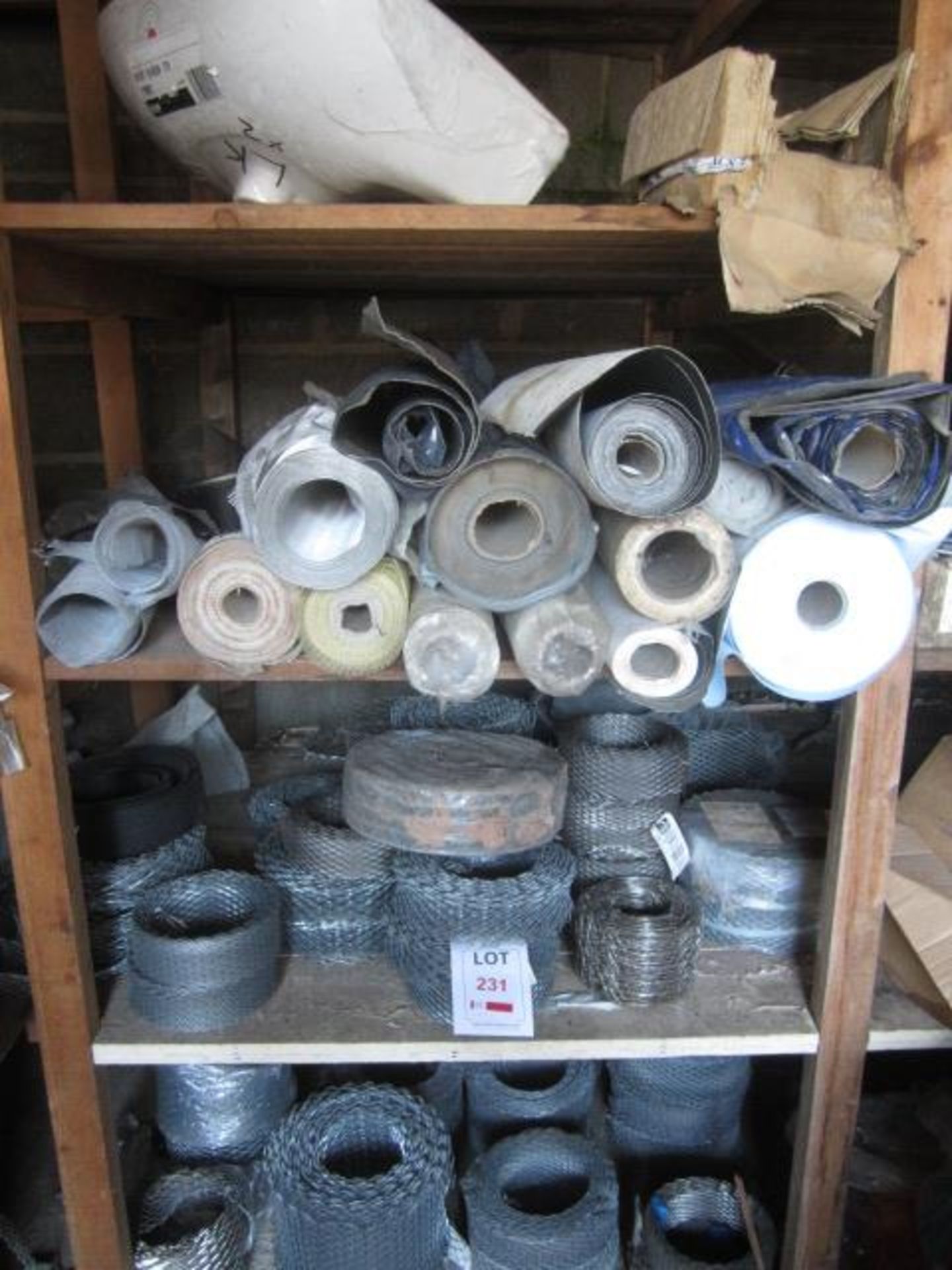 Quantity of assorted reeled Exmet reinforcement membrane, hand basin and pedestal, etc.